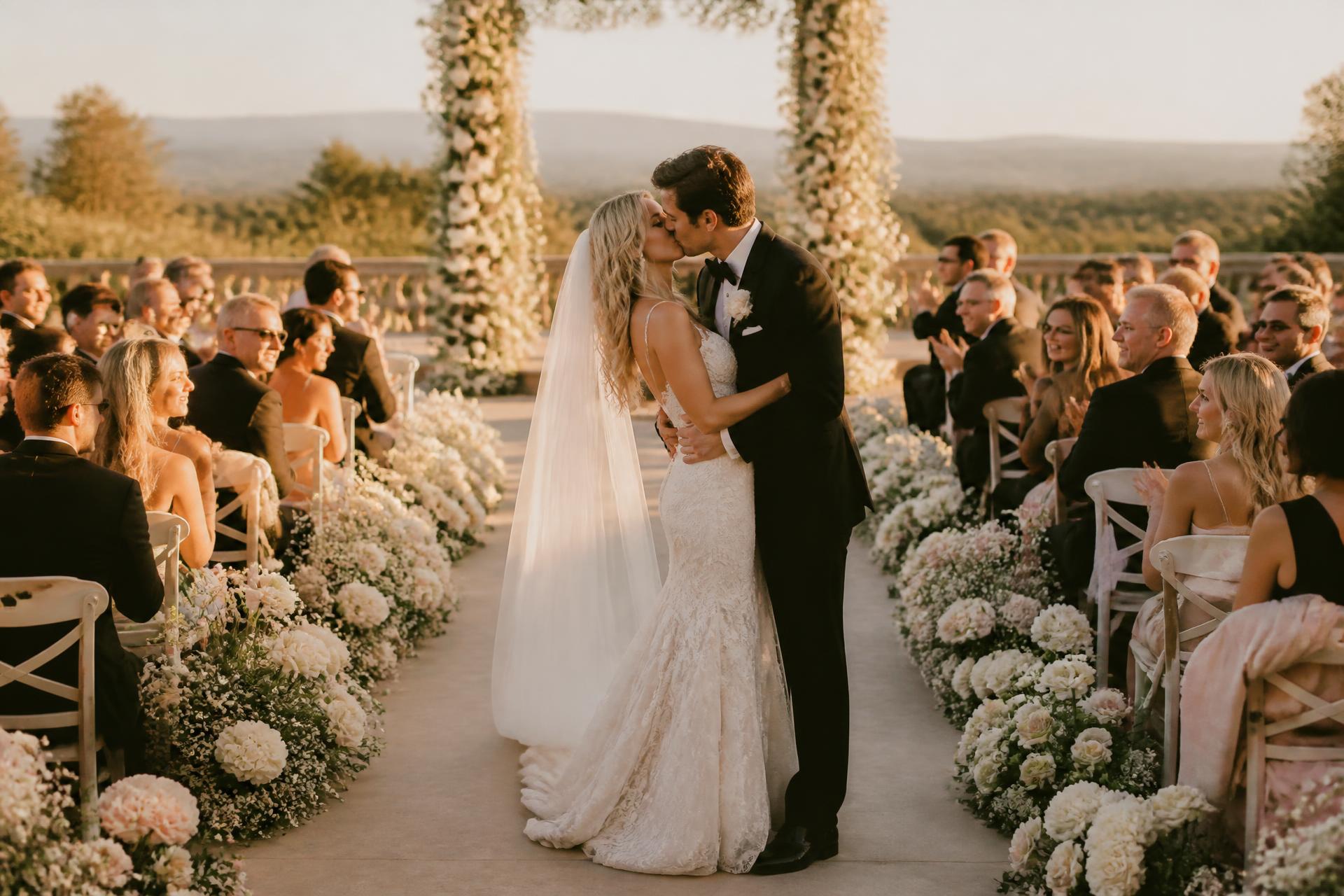 Couple exchanging vows at a golden hour garden wedding ceremony